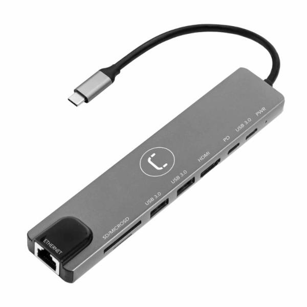 HUB EXTERNO UNNO 8 EN 1 (HB1109GY) TIPO C A 1 HDMI/2 USB 3.0/1 MICRO SD+SD/GRIS
